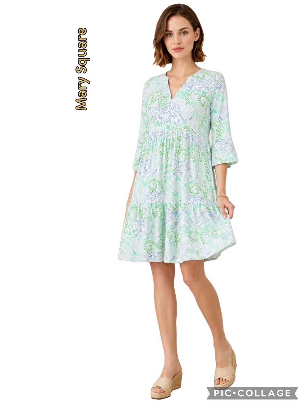 Mary Square tiered dress gathered high waist v-neck & a jungle & tiger print NWT